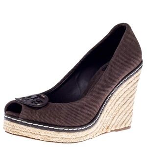 Tory Burch Brown Canvas Espadrille Wedge Peep Toe